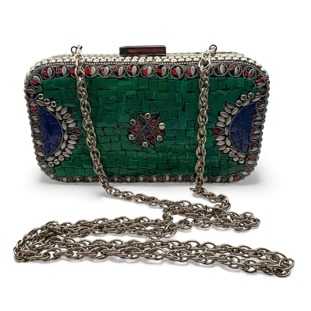 Handmade Mosaic Stone Clutch – Green Red Blue Inlay – NEW Artisanal Evening Bag